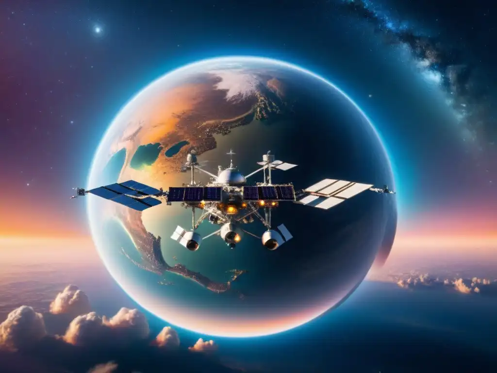Una estación espacial futurista rodeada de satélites en órbita, destacando la importancia de los satélites en la colonización del espacio
