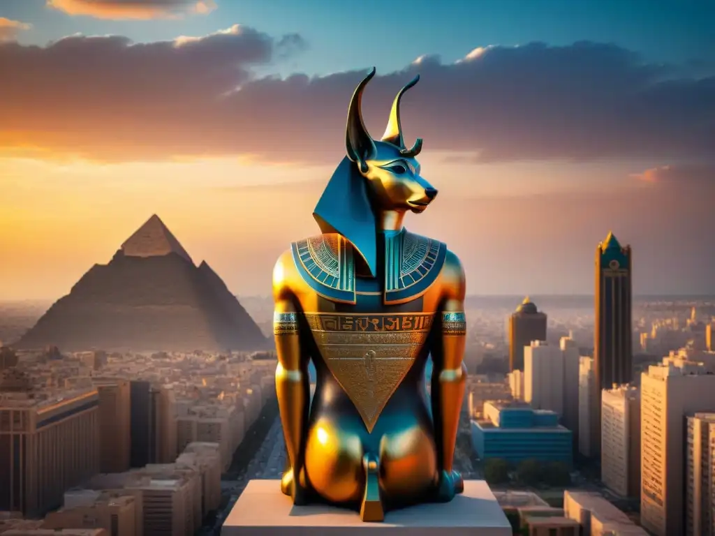 Estatua de Anubis en ciudad urbana al atardecer: mitología egipcia en cultura contemporánea