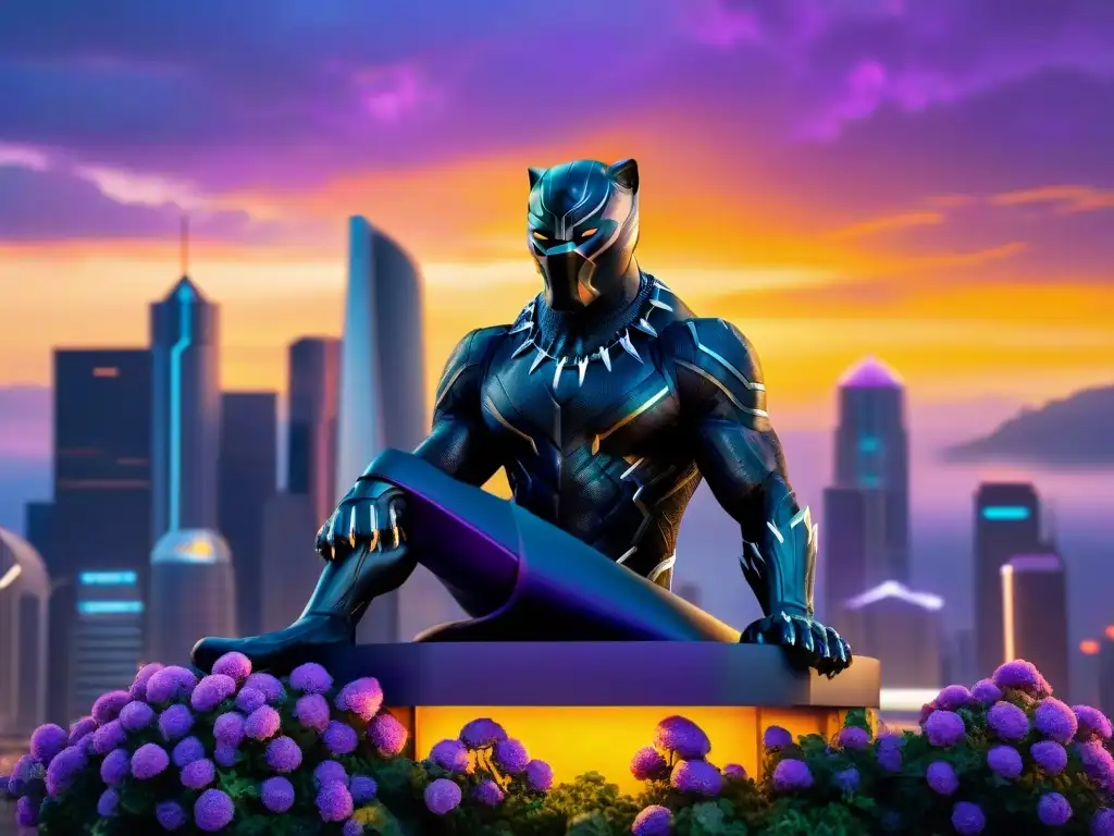 Estatua detallada del Pantera Negra rodeada de flores moradas en Wakanda al anochecer