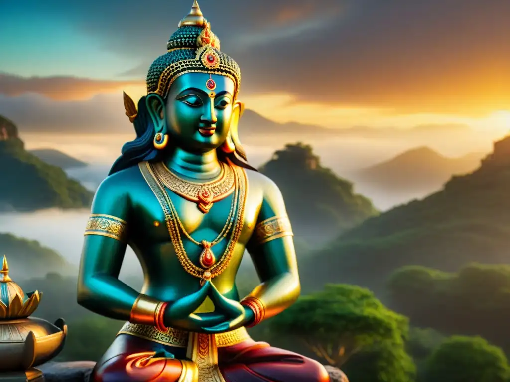 Estatua colosal de Vishnu: divinidad y armonía espiritual Una estatua majestuosa de la deidad hindú Vishnu, fusionando mitología hindú en espiritualidad occidental, en un paisaje sereno al atardecer