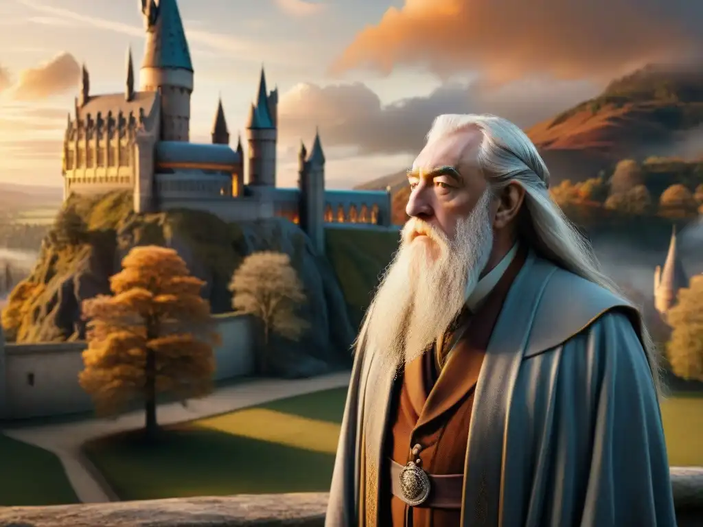 Estrategias de liderazgo de Dumbledore: Dumbledore, líder sabio en Hogwarts bajo la cálida luz del atardecer
