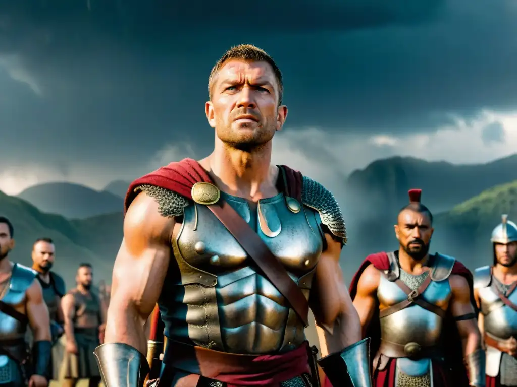 Spartacus lidera estrategias de rebelión con diverso grupo, preparándose para la batalla en escena cinematográfica de alta definición