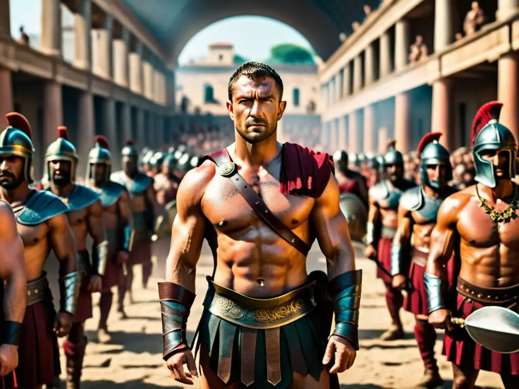 Spartacus lidera estrategias de rebelión en Ludus, rodeado de gladiadores en entrenamiento, en dramática iluminación romana