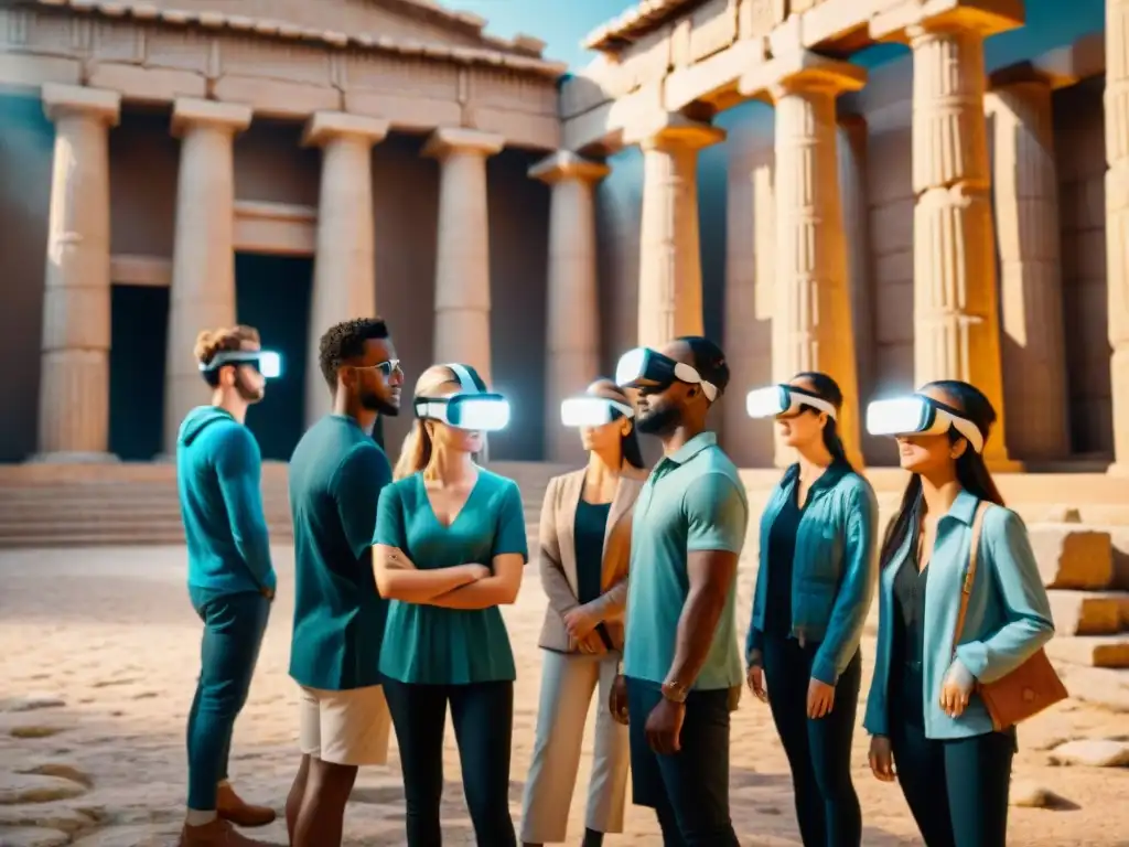 Estudiantes inmersos en un templo griego virtual con criaturas míticas, interactuando con la realidad aumentada mitología culturas