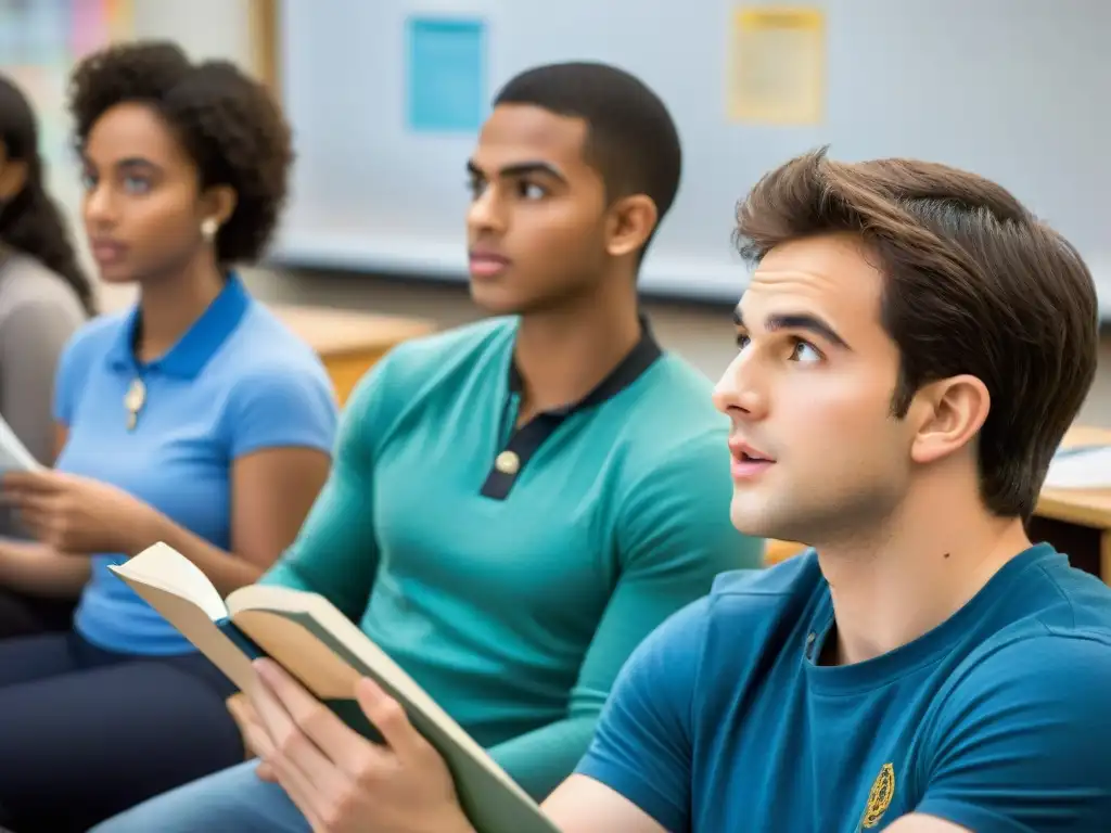 Estudiantes modernos cautivados por la explicación animada de la profesora sobre mitos griegos con libro de Percy Jackson en mano