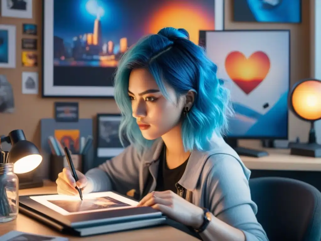 Estudio de artista digital con escritorio desordenado, joven mujer con cabello azul crea fan art, rodeada de pósters vibrantes