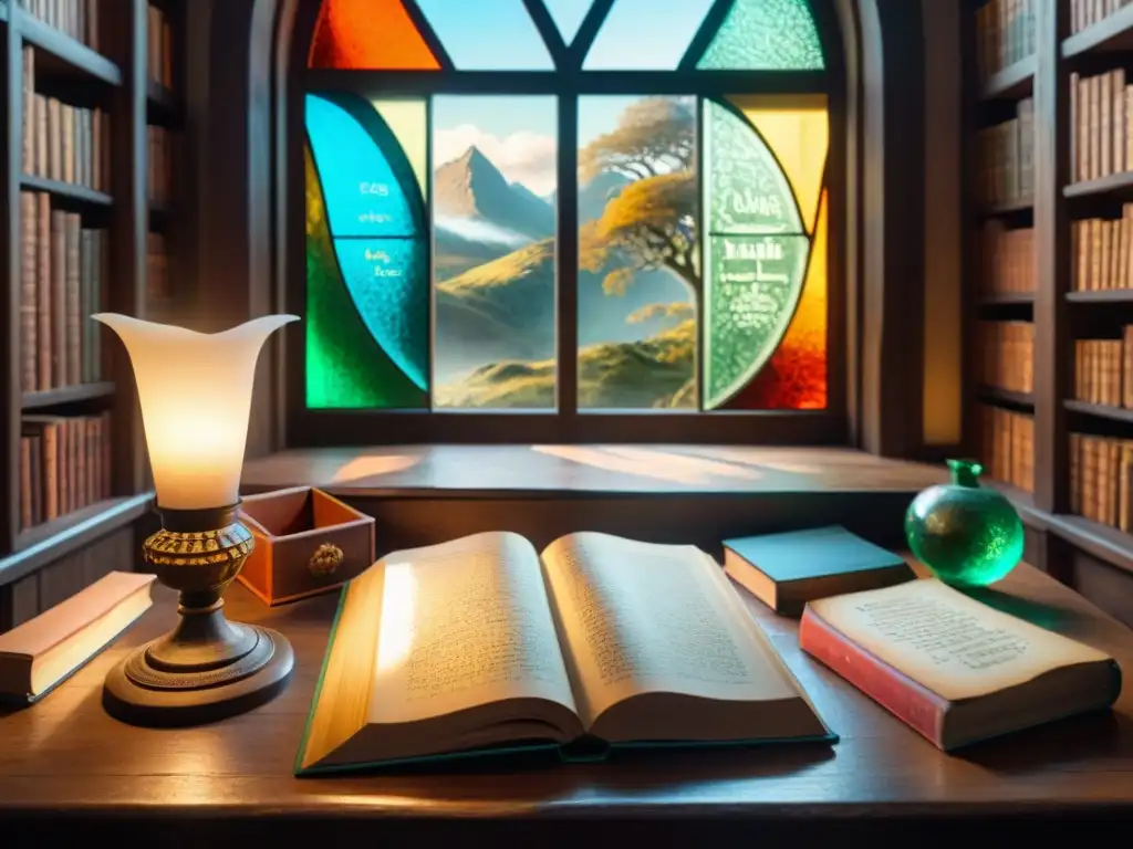 Estudio de Tolkien: ambiente de estudio con libros antiguos, escritura y mapas, inspirando lenguaje y mitología en Tolkien