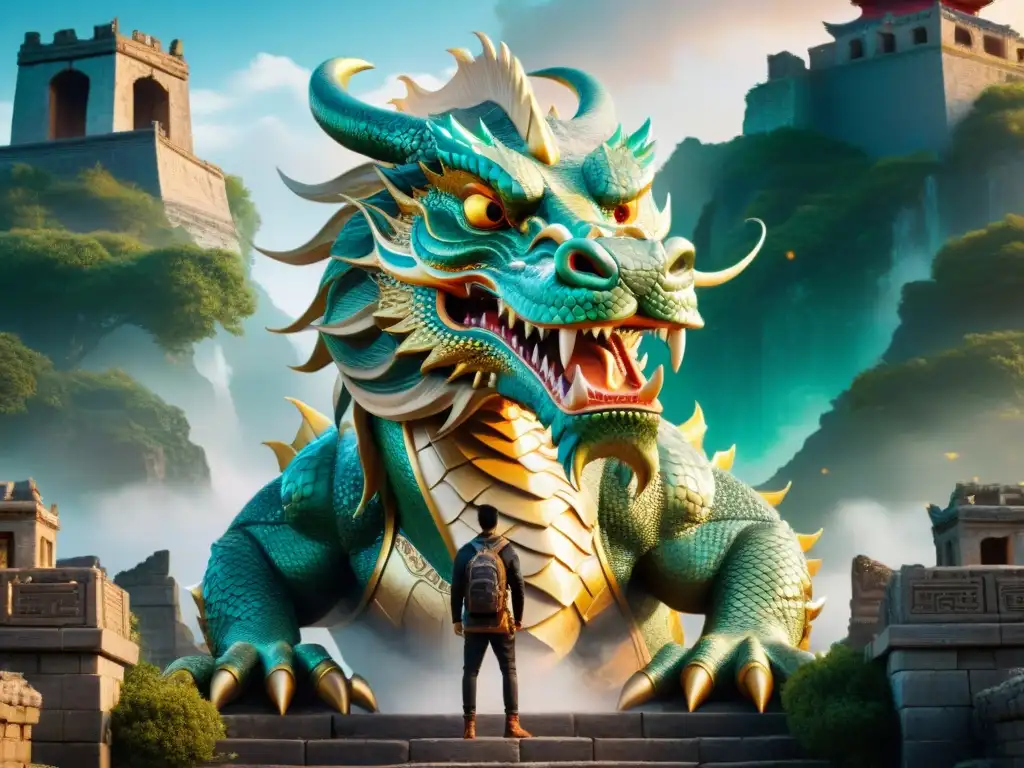 Estudio lingüístico dragones mitología ficción: Dragón chino y europeo dialogan en ruinas místicas