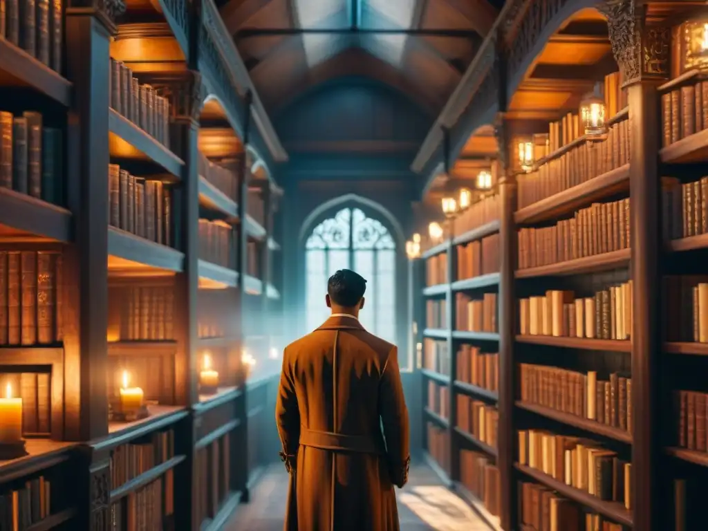 Un rincón de estudio mágico: una antigua biblioteca iluminada por velas, con estanterías repletas de tomos y escrituras de mundos de fantasía