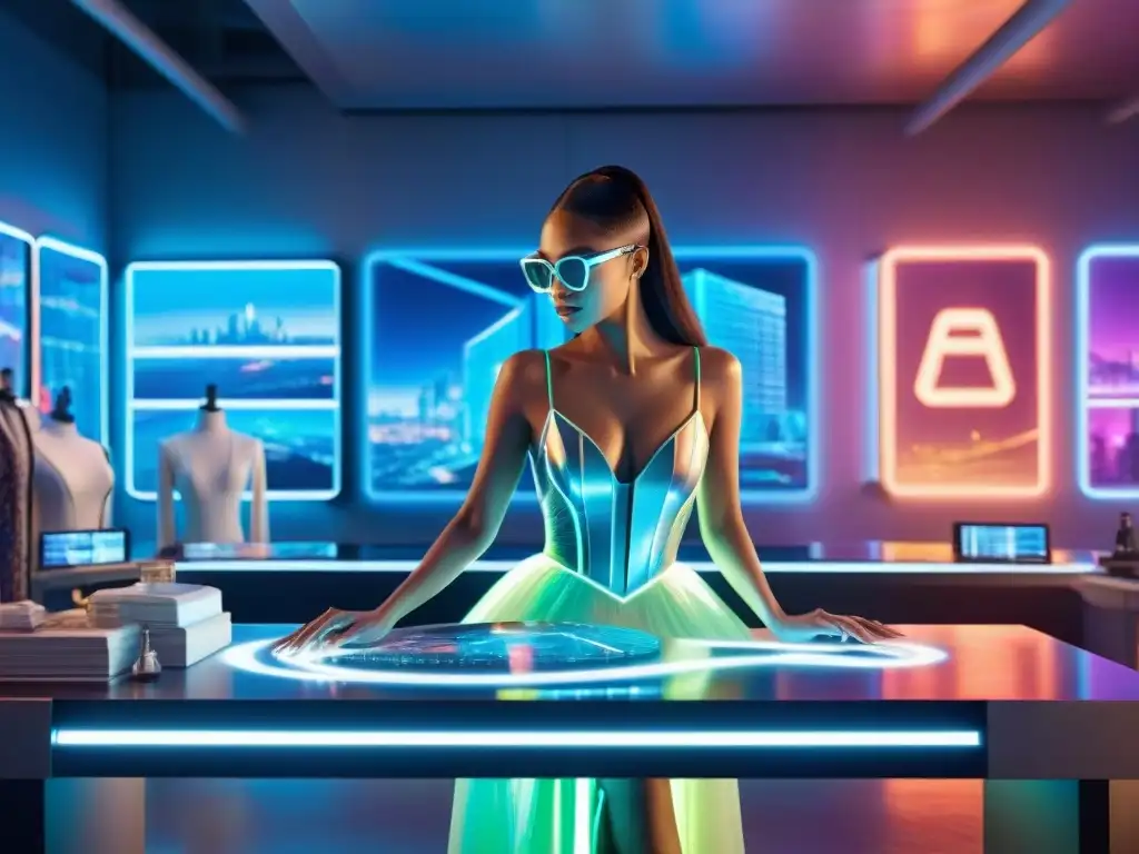 Estudio de moda futurista en una ciudad nocturna con diseño de prendas holográficas