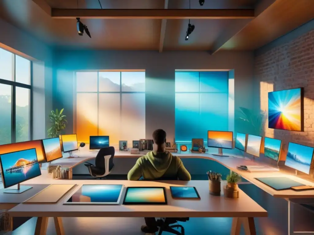 Estudio creativo: artistas inmersos en la creación de fan art Un estudio vibrante lleno de artistas creando arte de fan en diversos mundos ficticios, explorando la ética del Fan Art