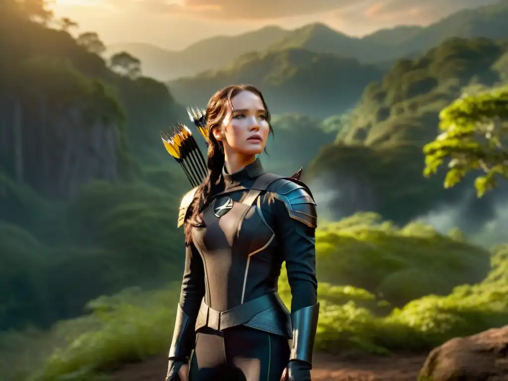 Katniss Everdeen desafiante en la arena de Los Juegos del Hambre, rodeada de un bosque peligroso