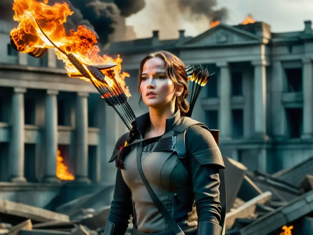 Katniss Everdeen desafiante en ruinas de Distrito 12, frente a llamas de rebelión en Panem