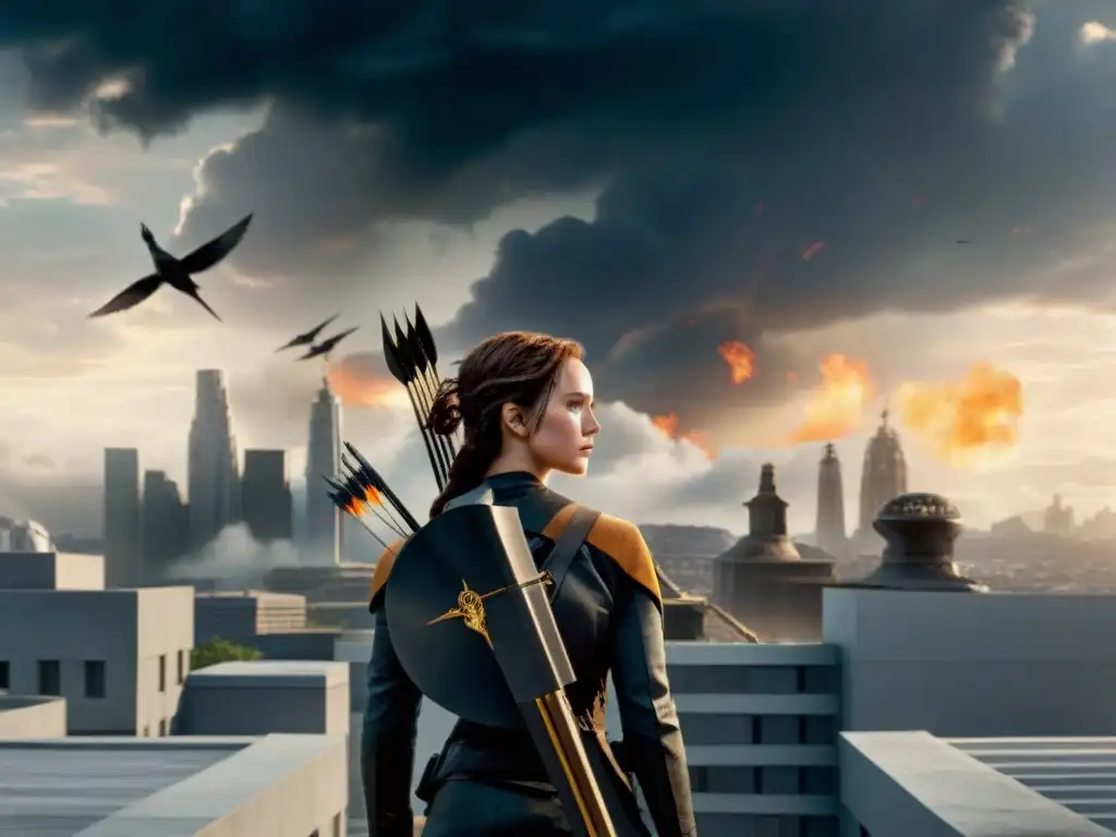 Katniss Everdeen se alza valiente en un tejado, mirando la ciudad distópica del Distrito 12