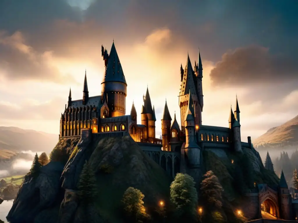 Evocadora imagen del universo Harry Potter con el castillo de Hogwarts iluminado por la luna