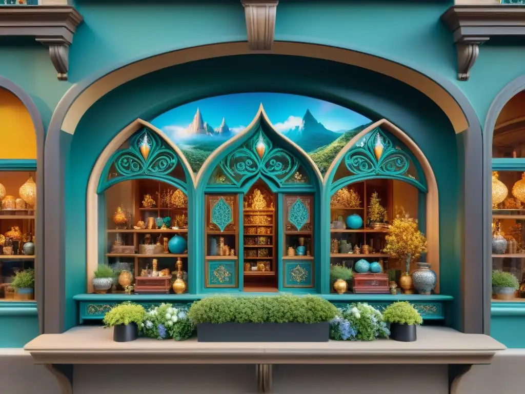 Una exhibición detallada en un mercado de mundos ficticios, con mercancía personalizada en un ambiente mágico