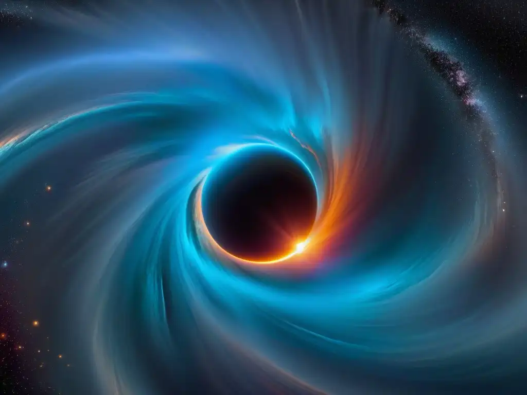 Exploración de agujeros negros en Interstellar: Impactante imagen de un agujero negro masivo en espiral rodeado de gases coloridos y brillantes cúmulos estelares, capturado de cerca por una sonda espacial futurista en una escena que inspira asombro y maravilla,