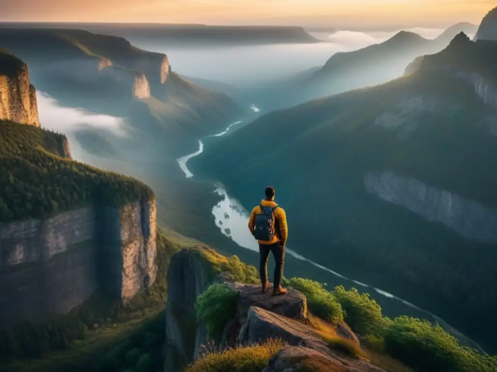 Exploración de la búsqueda personal: Figura solitaria en acantilado al atardecer, frente a vasta naturaleza salvaje