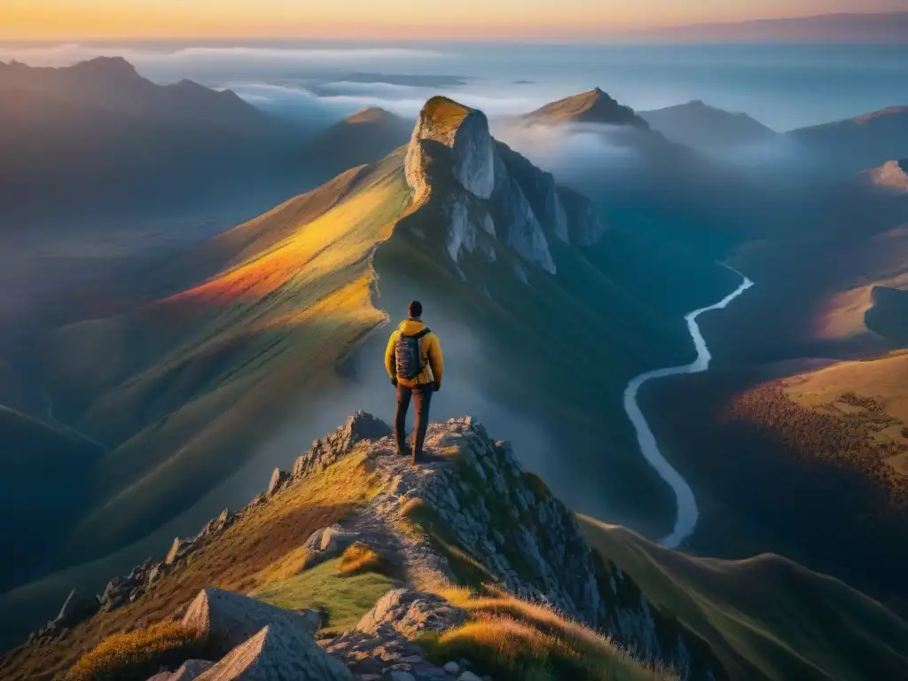 Exploración de la búsqueda personal: Figura solitaria en pico montañoso al amanecer, mirando al horizonte