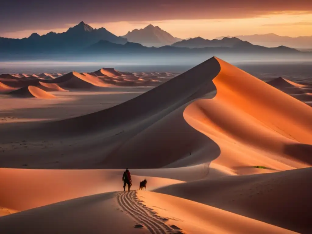 Exploración del ecosistema de Arrakis: Desierto vasto con dunas, cielo rojizo y recolector de especias al horizonte