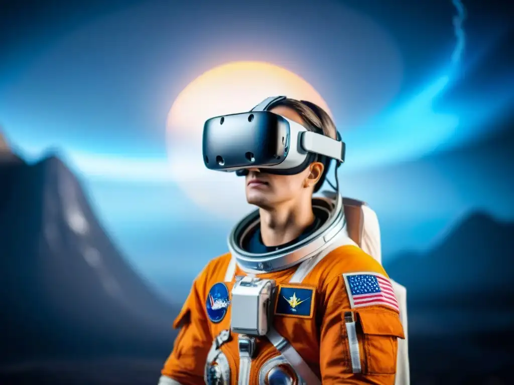 Exploración espacial con realidad virtual en misiones espaciales: astronauta inmerso en entorno virtual futurista