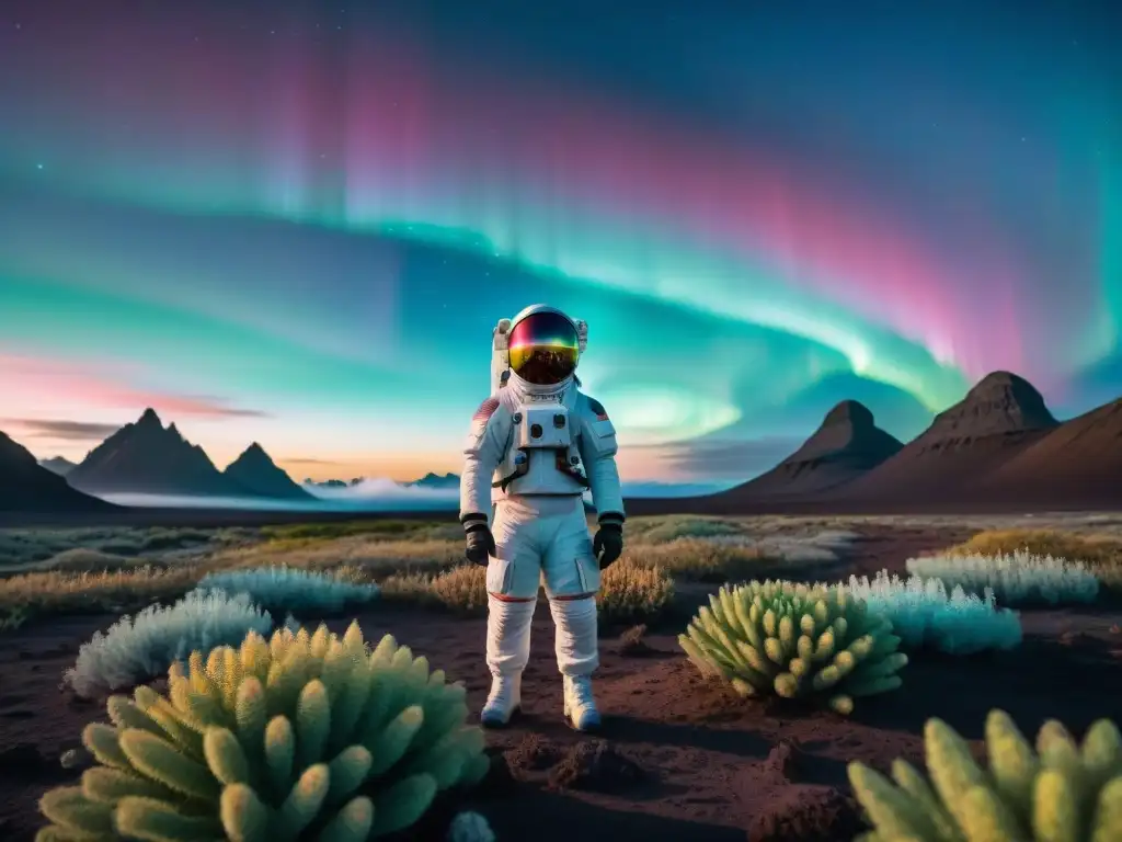 Exploración interplanetaria: astronauta en planeta alienígena, rodeado de vida exótica y estructura cristalina, reflejando colores del cielo