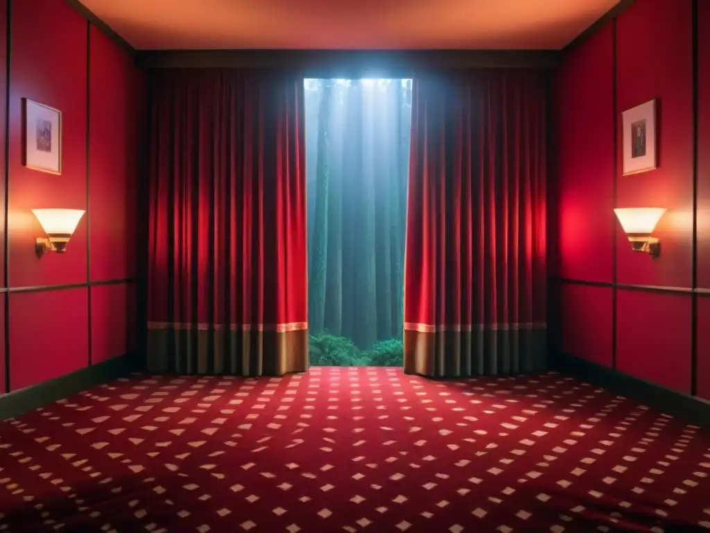 Exploración de mundos ficticios en Twin Peaks: la icónica Sala Roja con cortinas rojas y el Hombre del Otro Lado bailando en una atmósfera surrealista y enigmática