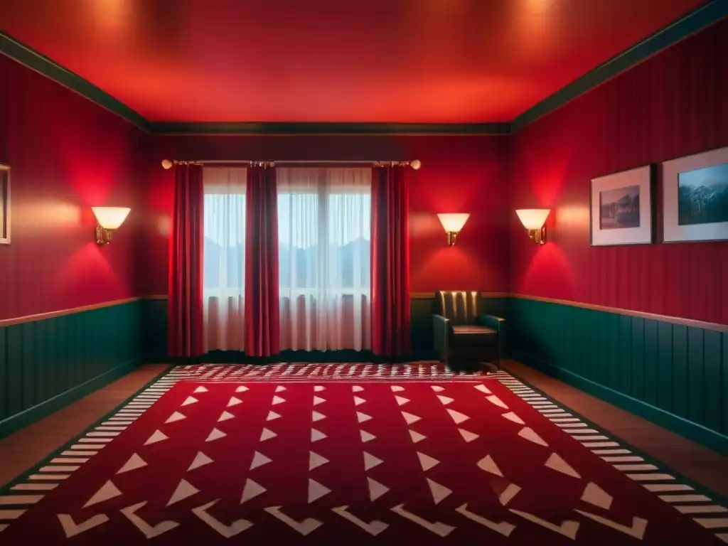 Exploración de mundos ficticios en Twin Peaks: Detalle del icónico Red Room con cortinas rojas, suelo en zigzag y atmósfera misteriosa en luz roja