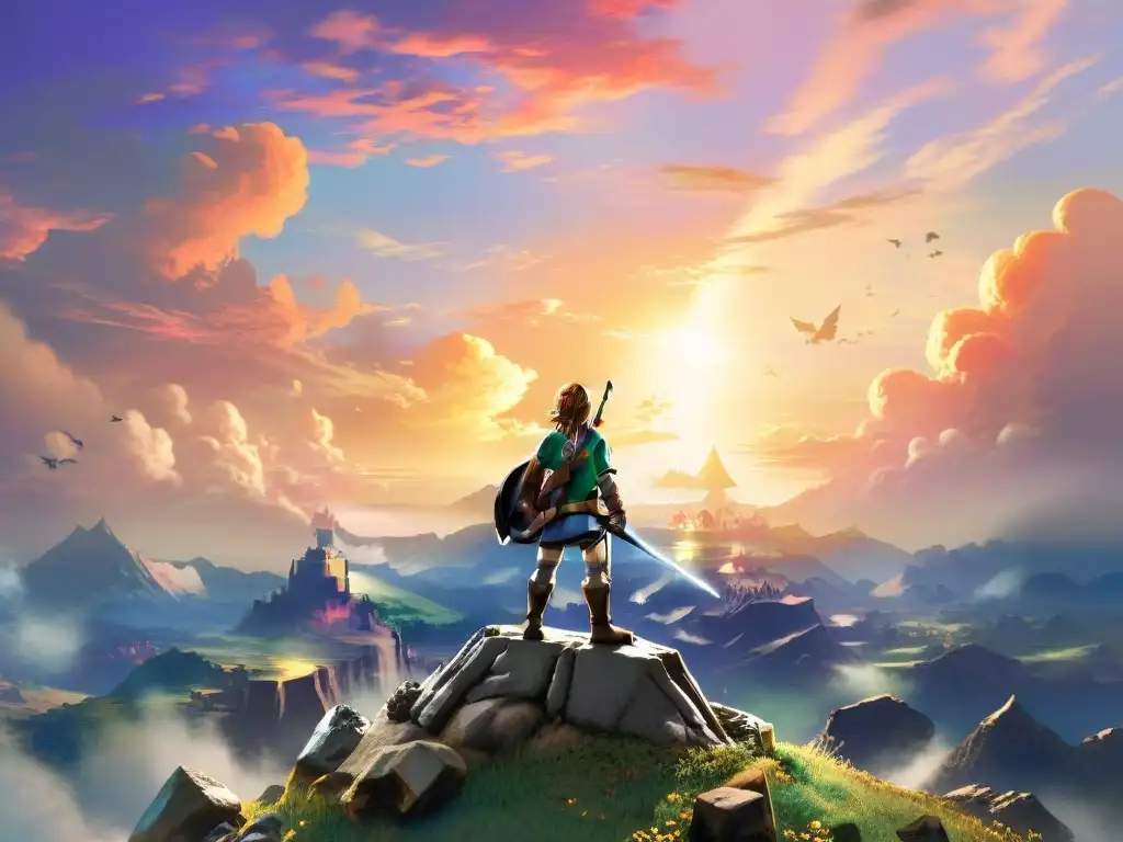 Exploración en mundos ficticios profundos: Link en la cima de un acantilado, contemplando la majestuosidad de Hyrule al atardecer