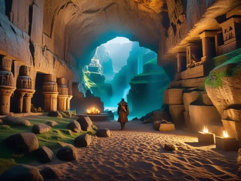 Ciudad subterránea en la montaña: pilares, arcos y cristales luminosos Exploración de mundos ficticios profundos: Ciudad subterránea iluminada por cristales en la oscuridad de la montaña