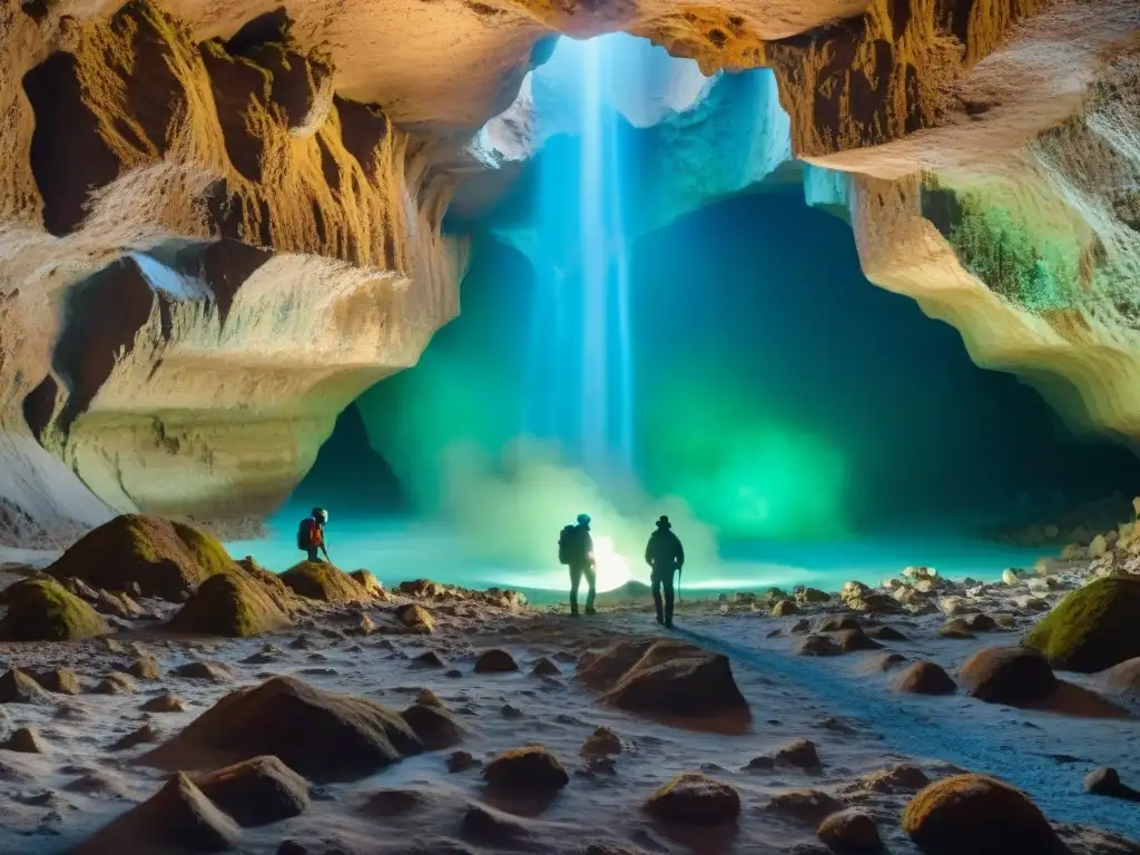Exploradores en cueva subterránea iluminada por cristales Exploración de mundos ficticios profundos: Grupo de exploradores en cueva iluminada por cristales brillantes