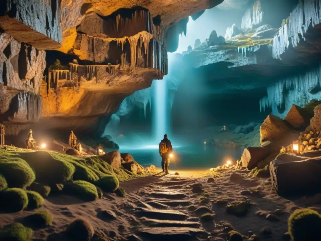 Majestuosa cueva subterránea con exploradores y cristales brillantes Exploración de mundos ficticios profundos: Intrincada cueva subterránea con estalactitas y estalagmitas, antiguas runas y cristales brillantes