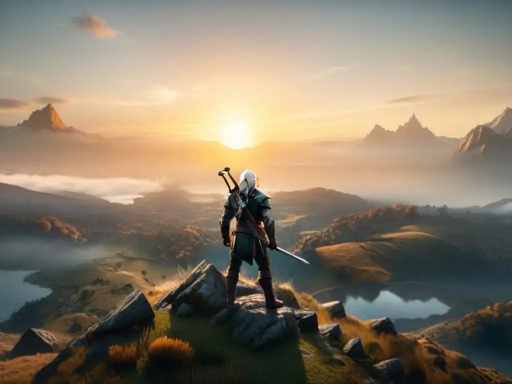 Exploración de mundos ficticios profundos: Geralt de Rivia en un acantilado al atardecer, con criaturas míticas volando