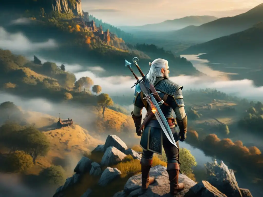 Exploración de mundos ficticios profundos: Geralt de Rivia en un acantilado al atardecer, contemplando un valle misterioso lleno de ruinas y árboles