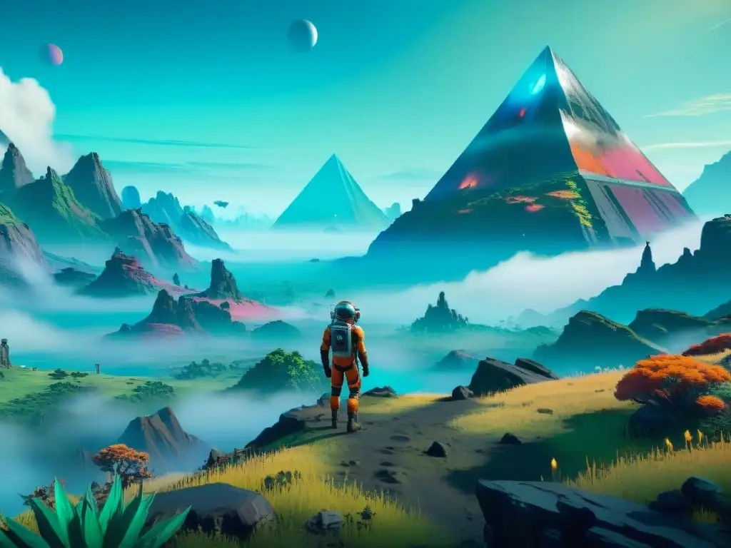 Exploración en mundos ficticios profundos: Dos exploradores maravillados por un paisaje alienígena surrealista en 'No Man's Sky'