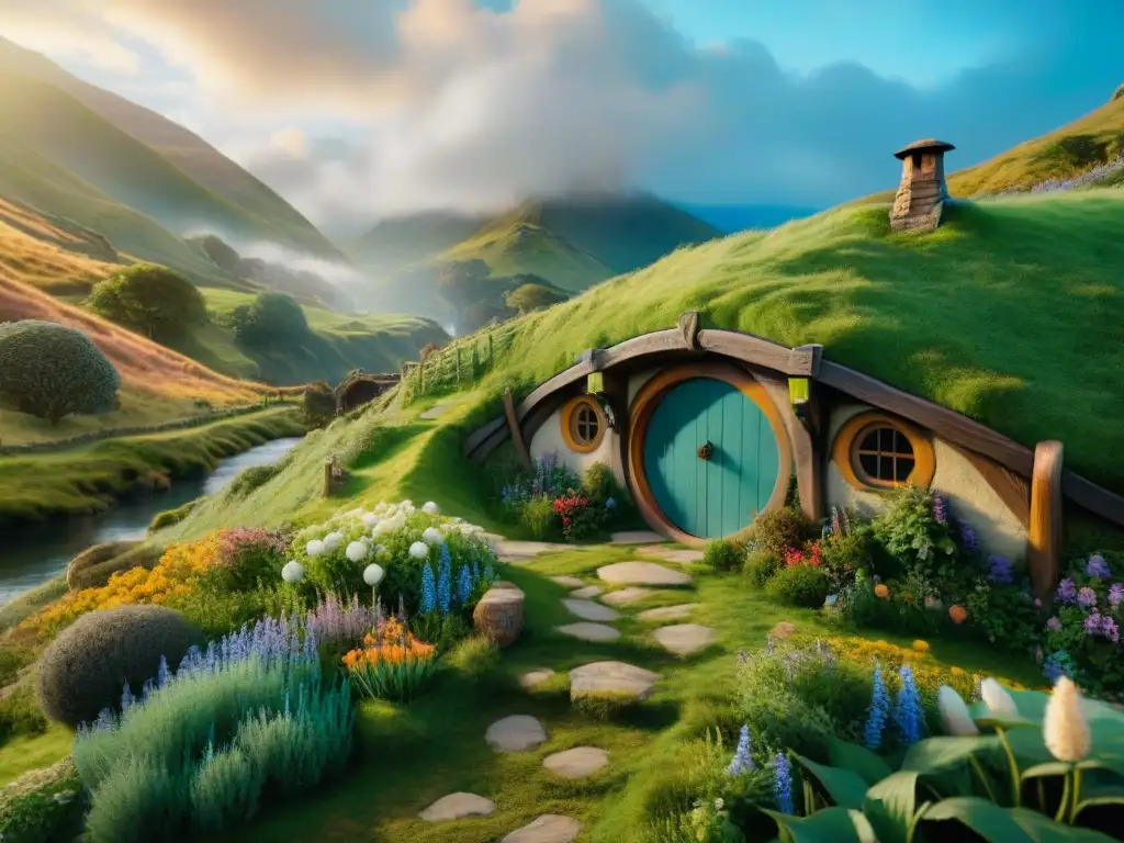 Exploración de mundos ficticios profundos: paisaje fantástico del 'El Hobbit', con colinas verdes, montañas imponentes y un río serpenteante