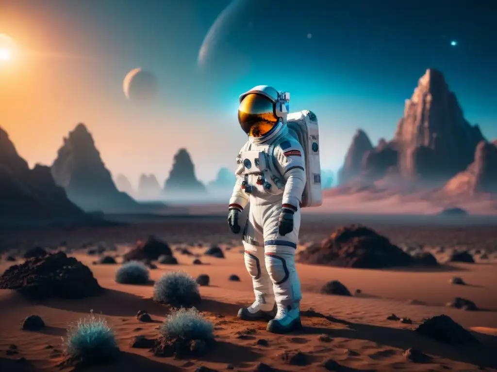 Explorador espacial maravillado en planeta alienígena Exploración profunda de mundos ficticios: Astronauta sorprendido por paisaje alienígena con cristales y plantas bioluminiscentes bajo un doble sol