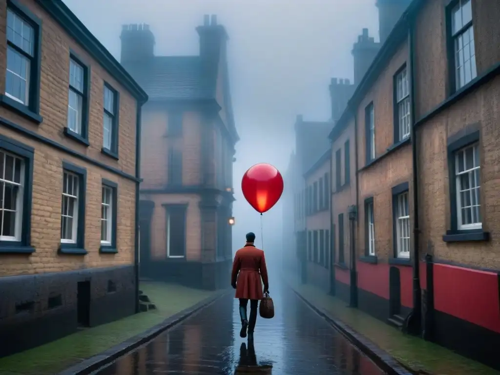 Exploración profunda en el universo ficticio de Derry, con globos rojos ominosos flotando en la neblina de las alcantarillas