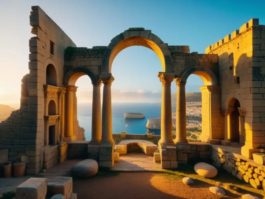 Ruinas antiguas de Malta: luz dorada en King's Landing Exploración de ruinas en Malta al atardecer, con arcos y columnas bañados en luz dorada, evocando misterio en King's Landing