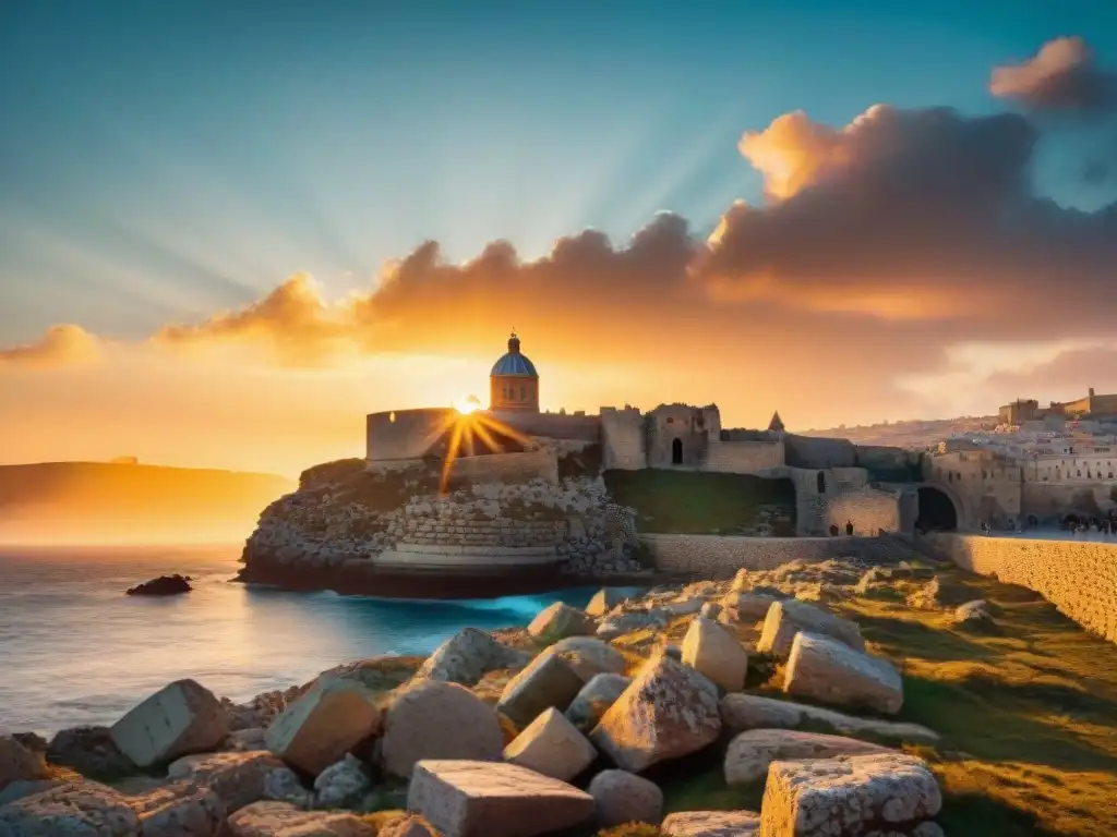 Ruinas antiguas de Malta: atardecer dorado en un castillo medieval Exploración de ruinas en Malta con atardecer dorado, arcos de piedra y murallas medievales, evocando King's Landing