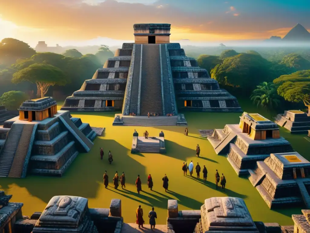 Exploración de ruinas mayas con realidad aumentada, fusionando tecnología y misticismo antiguo al atardecer