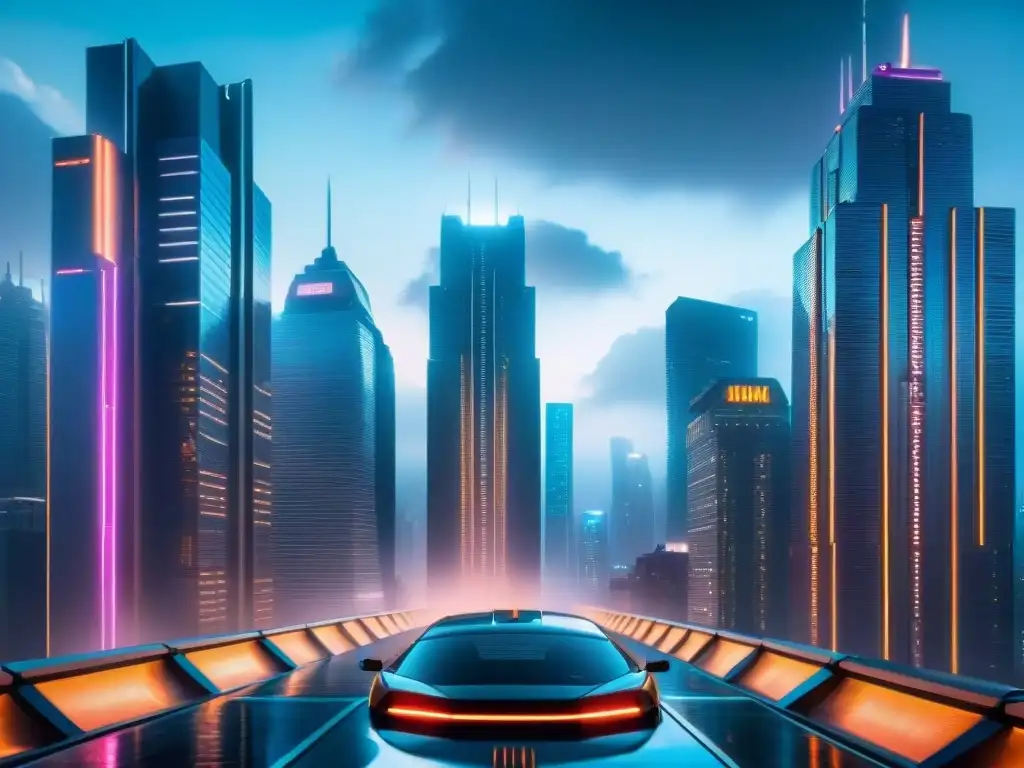 Exploración en sociedad tecnológica Blade Runner: Ciudad futurista con rascacielos, luces neón y autos voladores al anochecer