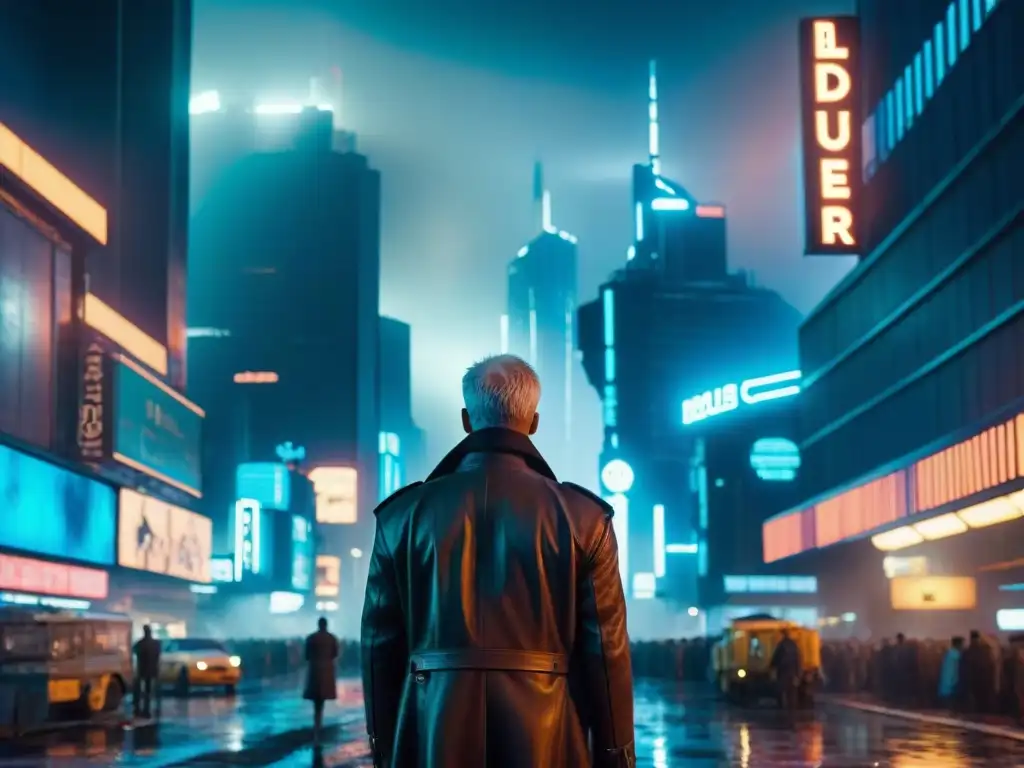 Exploración de una sociedad tecnológica Blade Runner: ciudad futurista de noche con rascacielos y luces neón reflejadas en calles húmedas