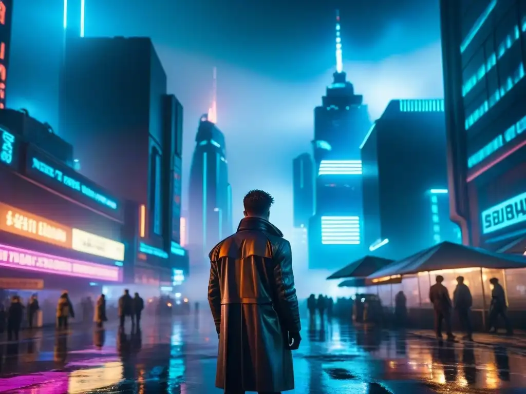 Exploración de una sociedad tecnológica Blade Runner en un paisaje urbano futurista y oscuro