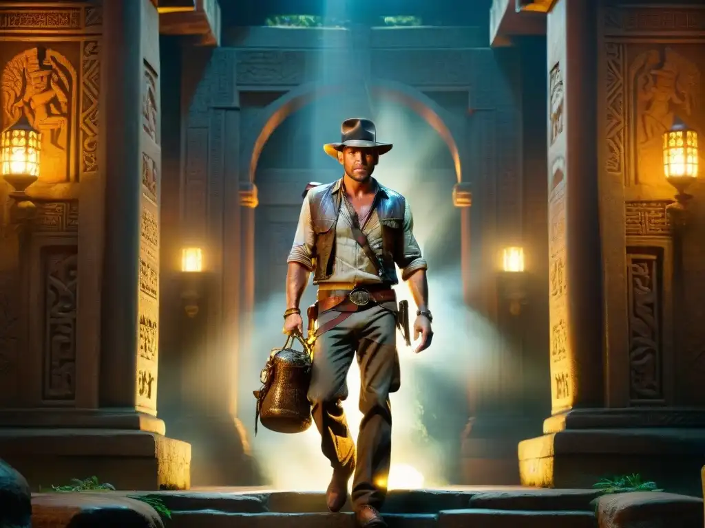 Exploración en templo antiguo con Indiana Jones, resaltando la mítica