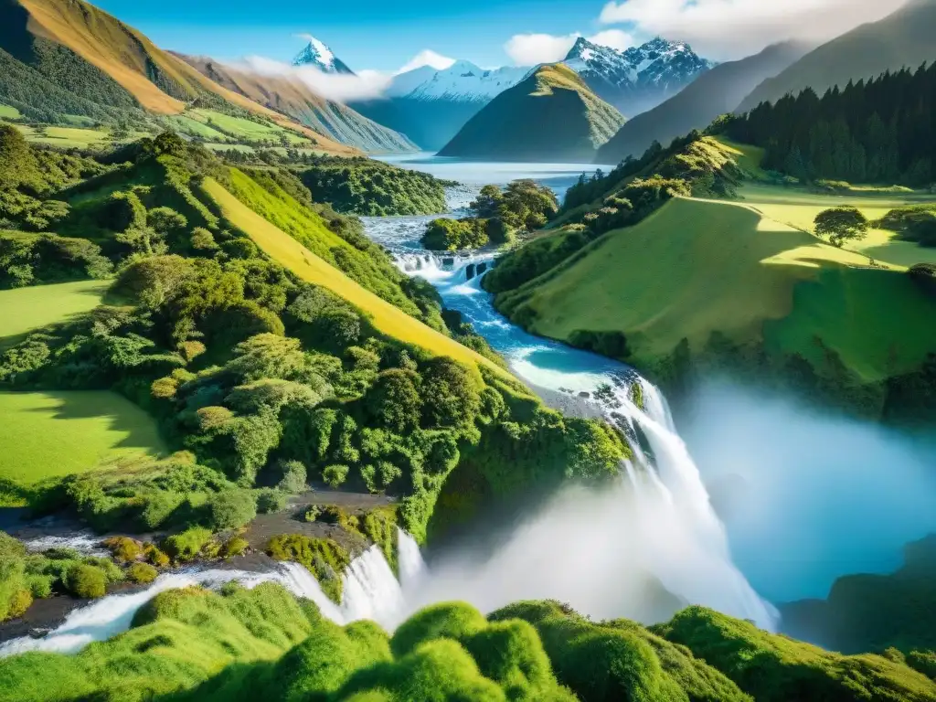 Exploración en Tierra Media: majestuosas colinas verdes, cascada, bosque exuberante y montañas nevadas de Nueva Zelanda