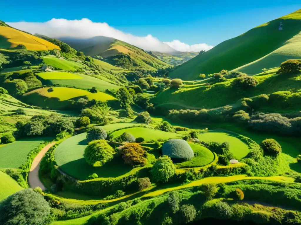 Exploración en la Tierra Media de Nueva Zelanda: paisaje verde exuberante con Hobbiton y ovejas pastando bajo cielo azul