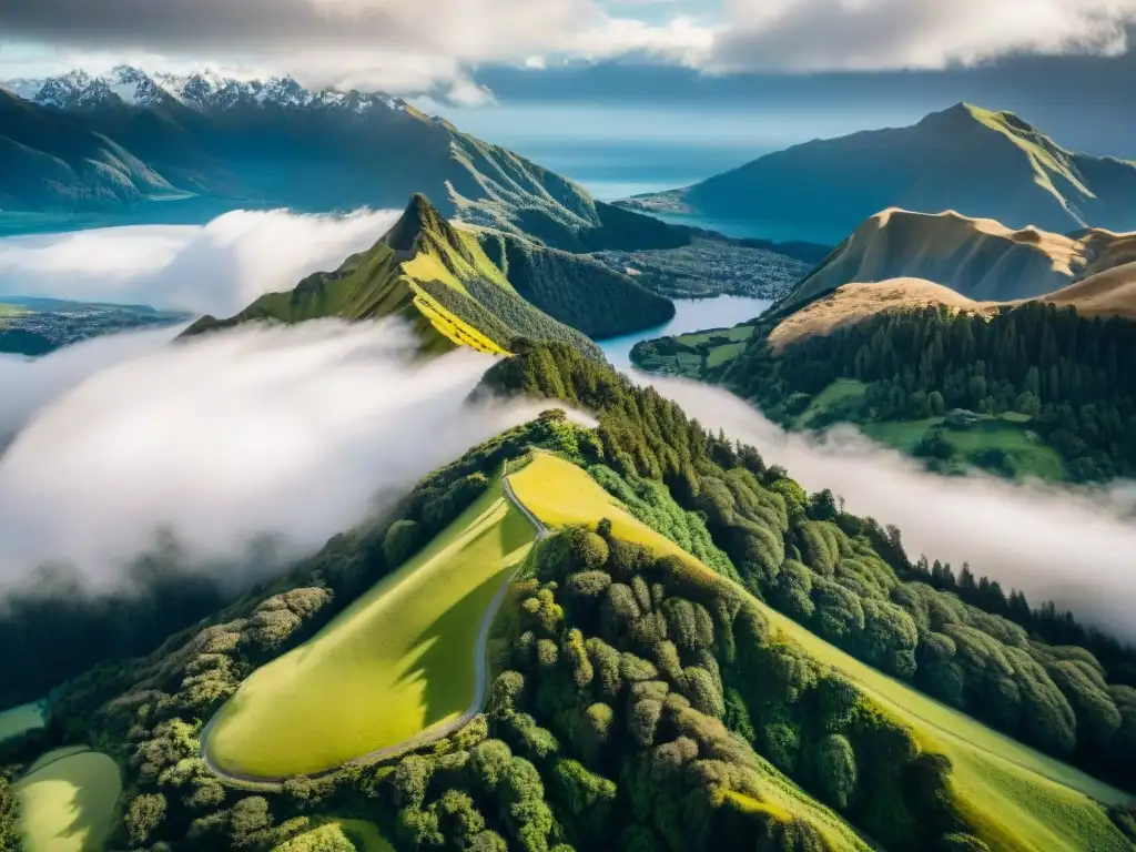 Exploración en la Tierra Media de Nueva Zelanda: colinas, bosques verdes, lagos cristalinos y montañas nevadas bajo un cielo dramático