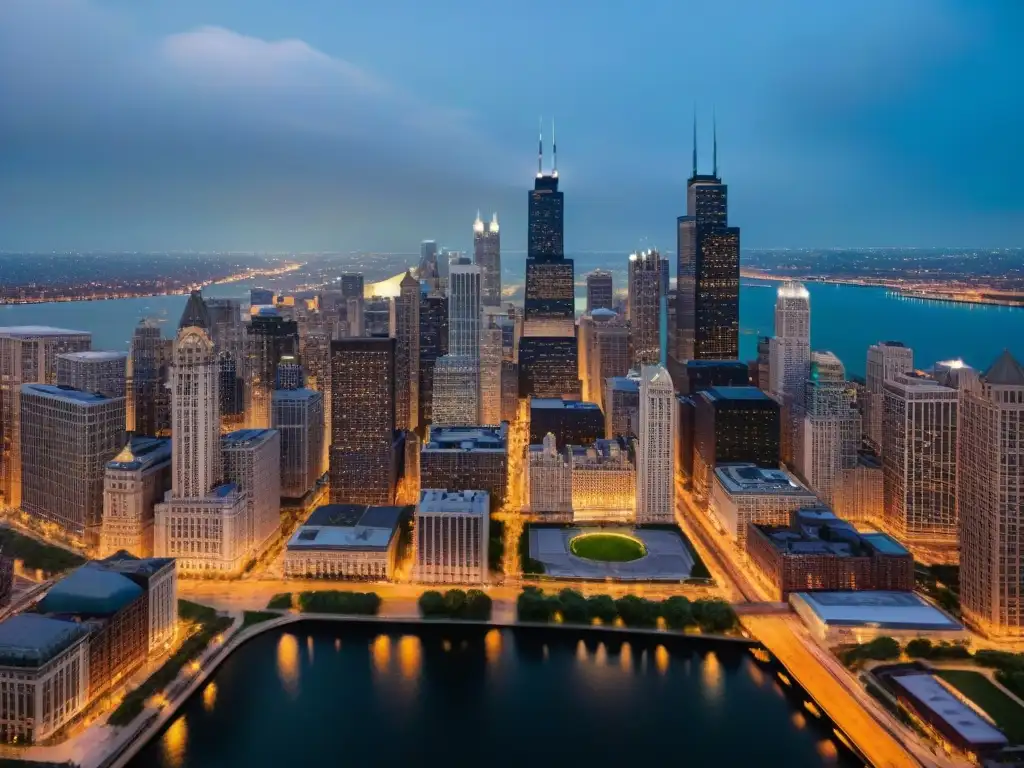 Exploración de universos ficticios en Chicago: vista aérea detallada del icónico horizonte de la ciudad al anochecer, con luces de la ciudad y el río