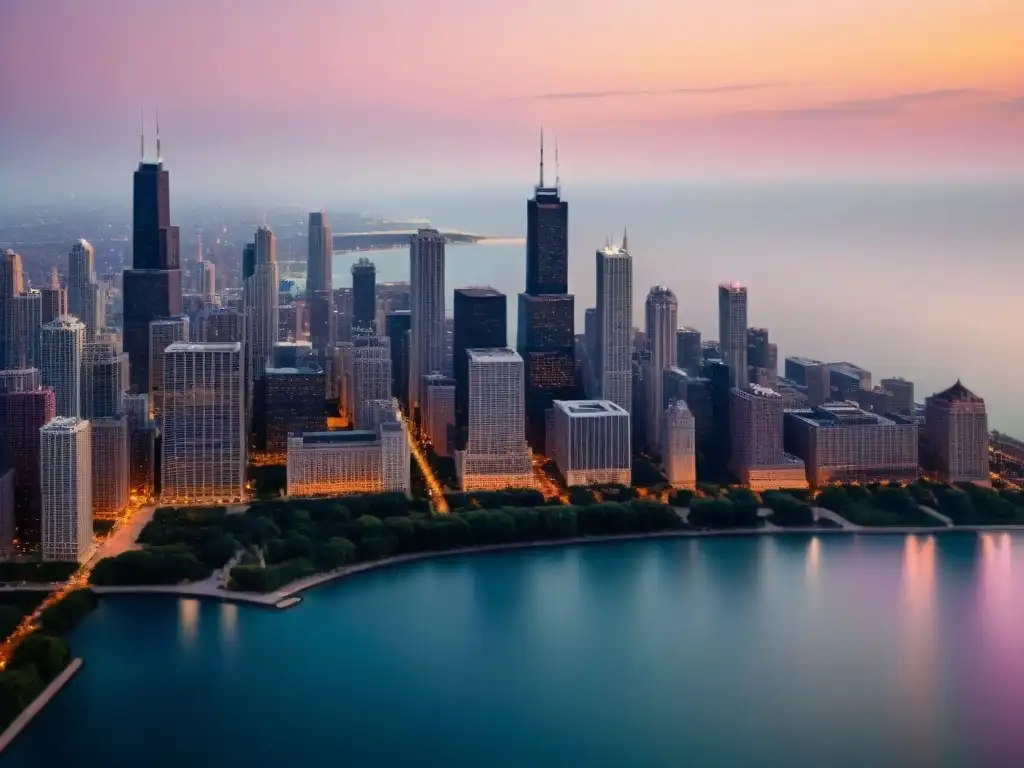 Exploración de universos ficticios en Chicago al atardecer, con sus emblemáticos rascacielos iluminados reflejados en el lago